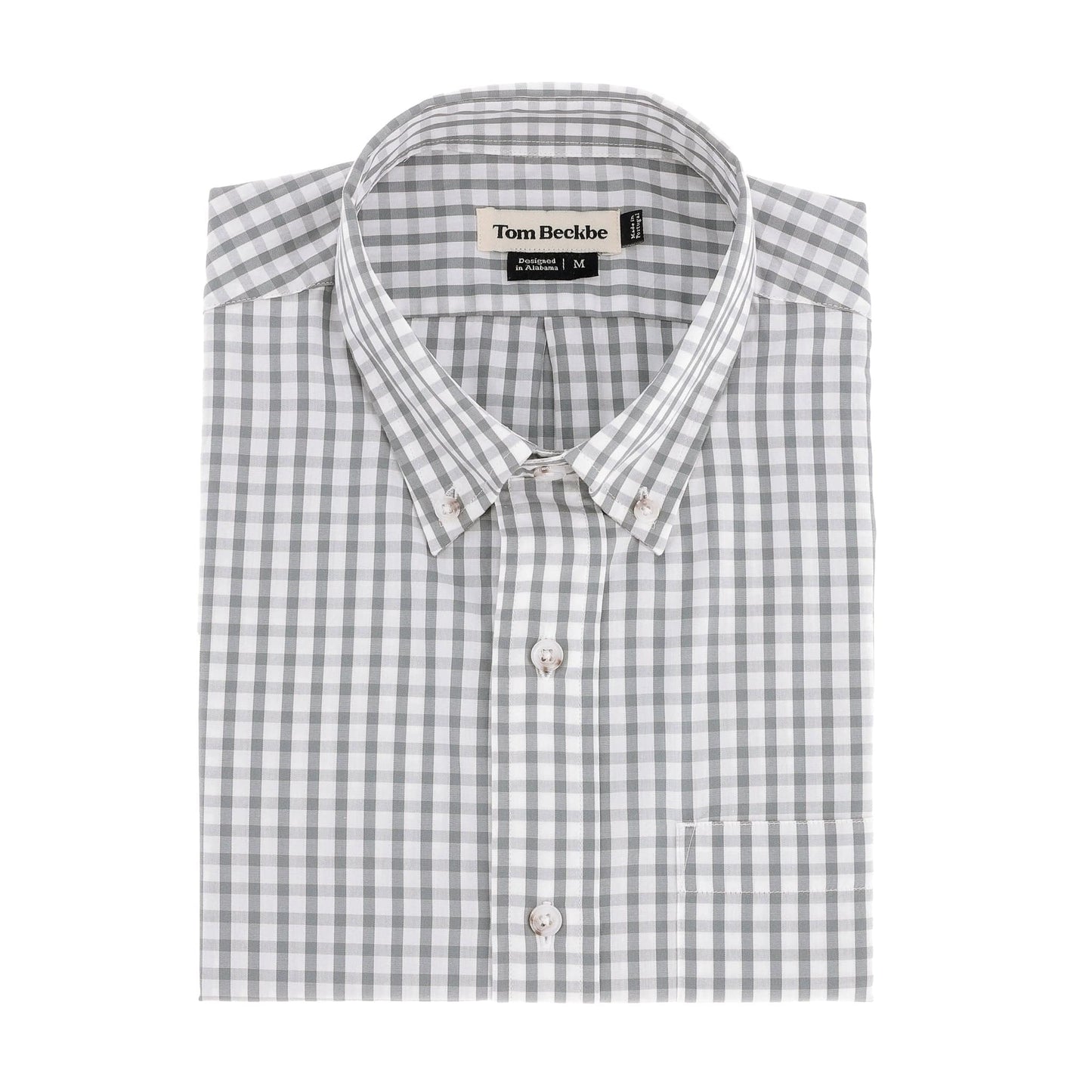 The Monroe Poplin Shirt by Tom Beckbe is a folded, long-sleeve mens shirt in Grey Green with a front pocket.