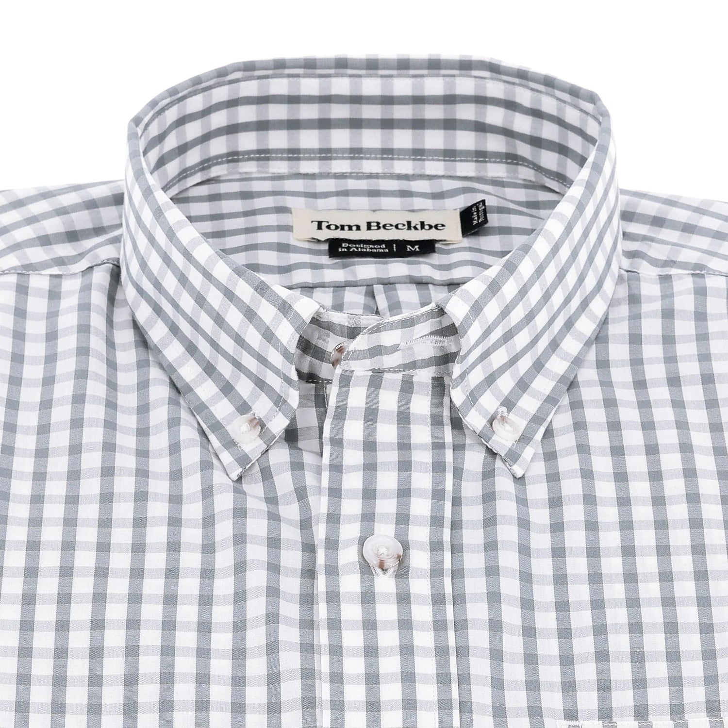 Close-up of the Tom Beckbe Monroe Poplin Shirt, featuring a gray and white checkered pattern.