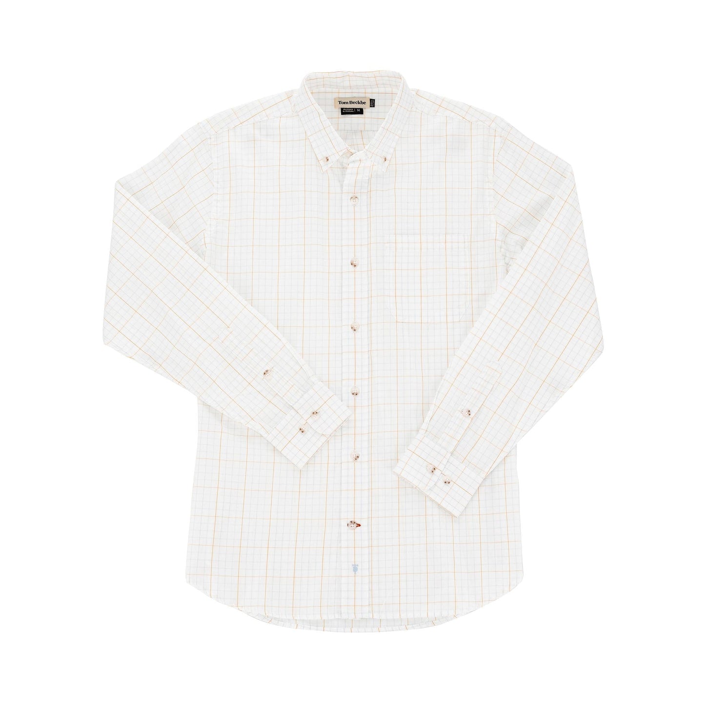 Tom Beckbe Monroe Poplin Shirt—long-sleeve, breathable plaid cotton with chest pocket, shown flat on white.