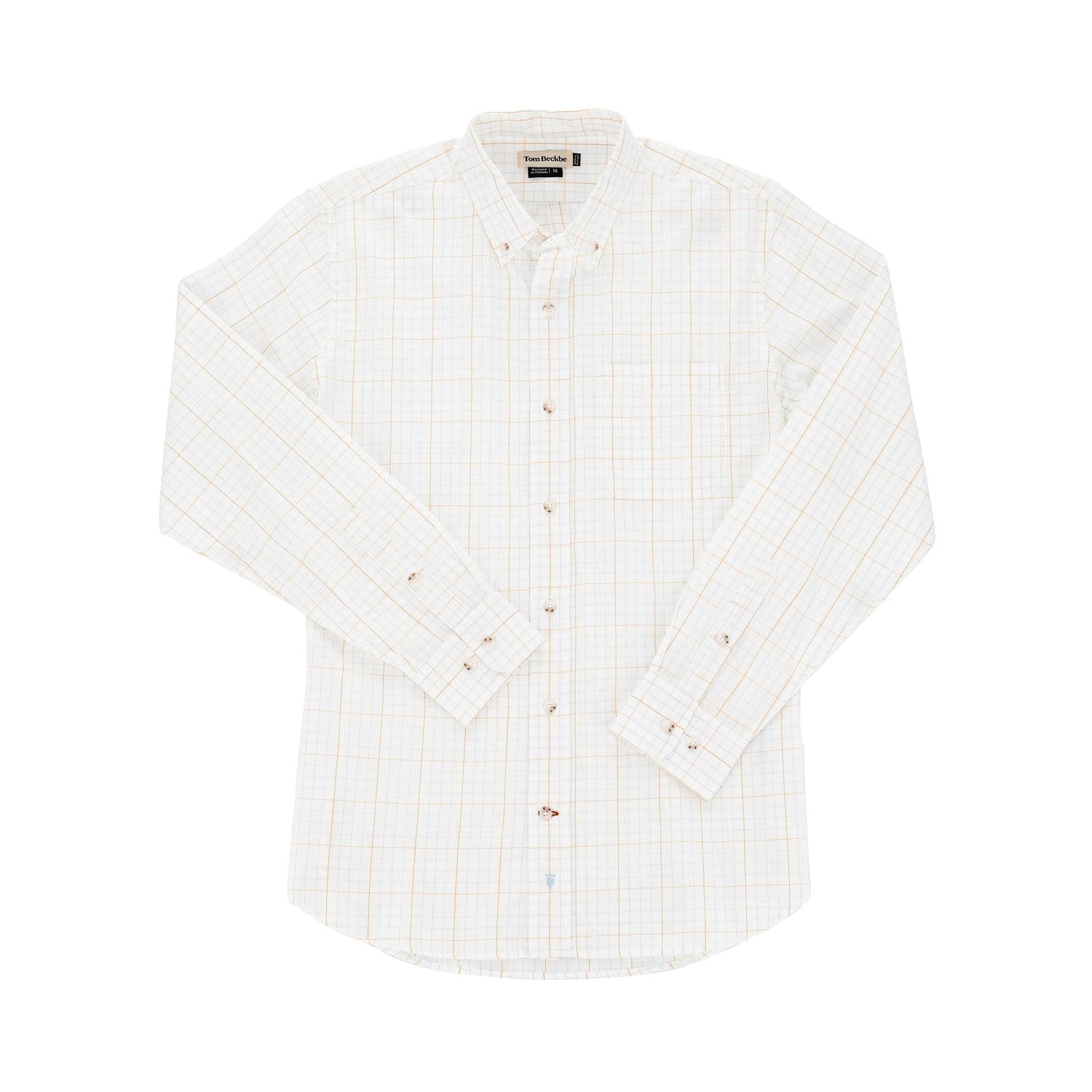 Tom Beckbe Monroe Poplin Shirt—long-sleeve, breathable plaid cotton with chest pocket, shown flat on white.