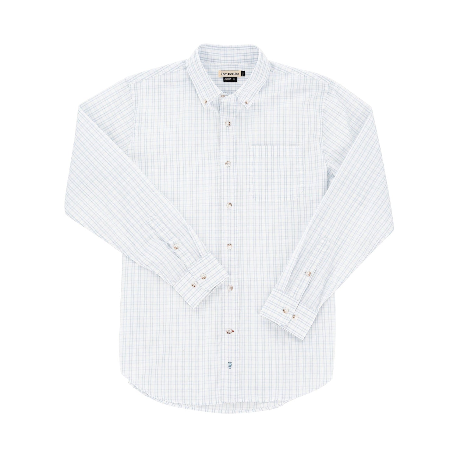 The Monroe Poplin Shirt by Tom Beckbe is a classic fit long-sleeve, breathable cotton shirt in light blue checks.