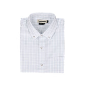 Monroe Poplin Shirt by Tom Beckbe: white, breathable cotton with light blue plaid and branded collar.