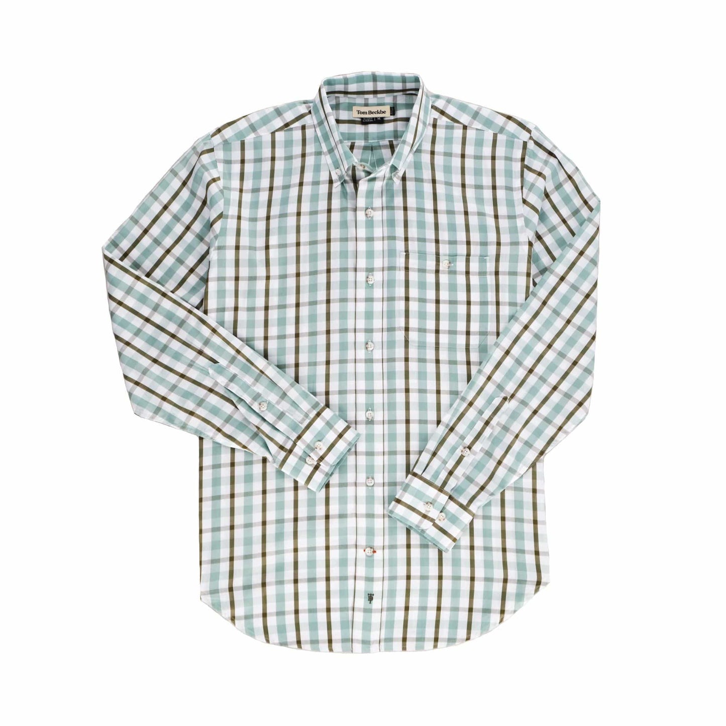 Tom Beckbes Monroe Poplin Shirt: Cotton, long-sleeved plaid with green, brown, white pattern, button-down collar & pocket.