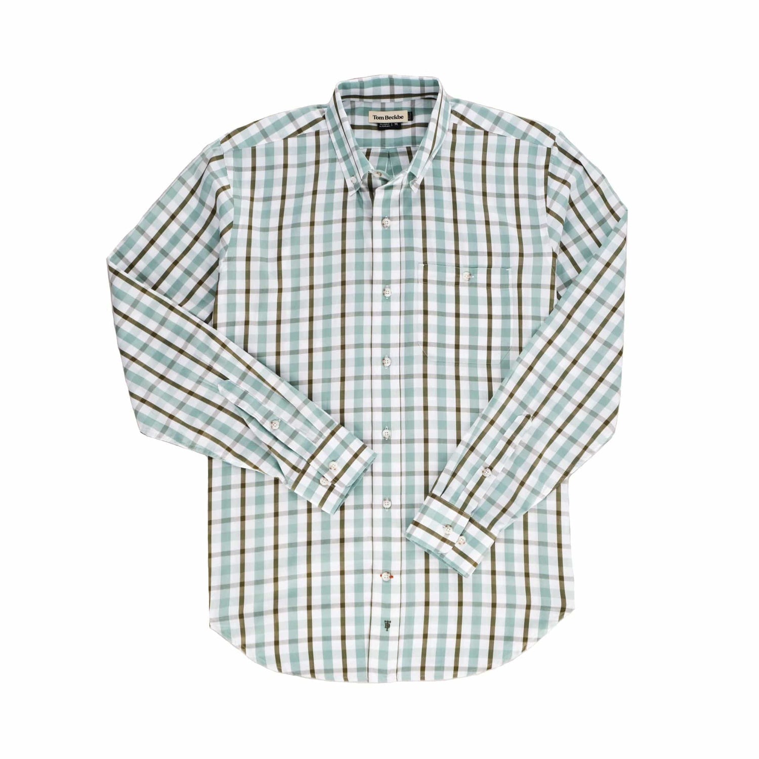 Tom Beckbes Monroe Poplin Shirt: Cotton, long-sleeved plaid with green, brown, white pattern, button-down collar & pocket.