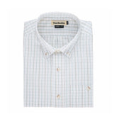 Monroe Poplin Shirt by Tom Beckbe: breathable cotton, light blue/green plaid, buttoned collar, chest pocket.