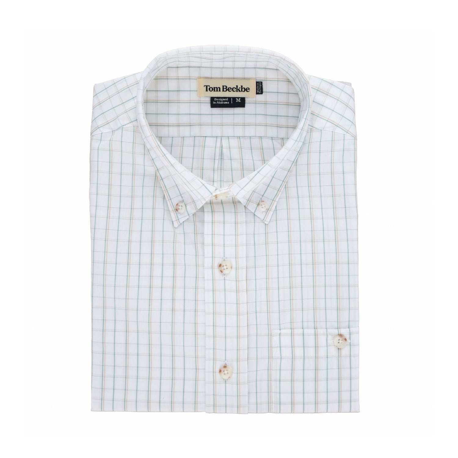 Monroe Poplin Shirt by Tom Beckbe: breathable cotton, light blue/green plaid, buttoned collar, chest pocket.