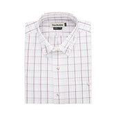 The Monroe Poplin Shirt by Tom Beckbe is a classic white button-down with a red and gray grid, made from breathable cotton poplin.