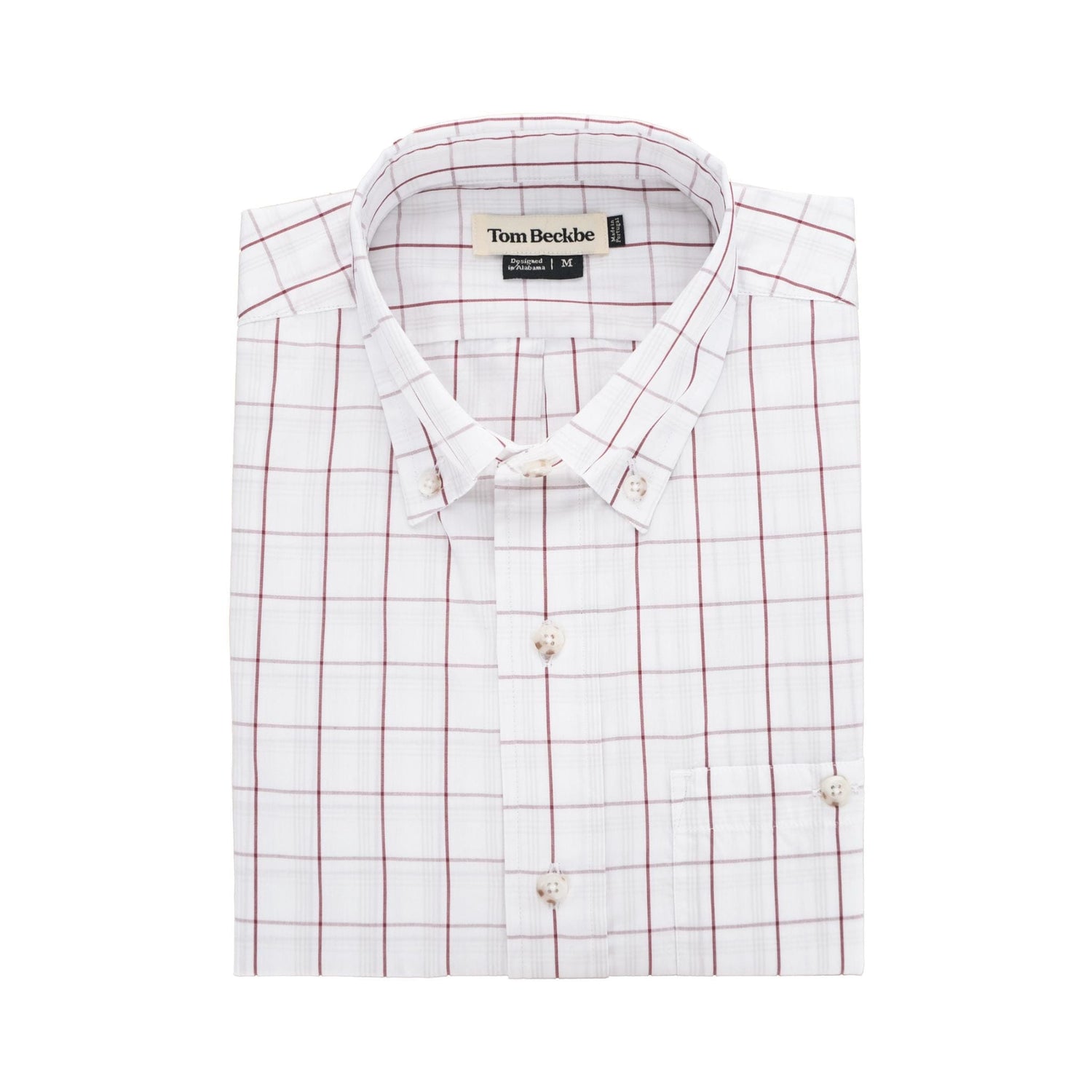 The Monroe Poplin Shirt by Tom Beckbe is a classic white button-down with a red and gray grid, made from breathable cotton poplin.