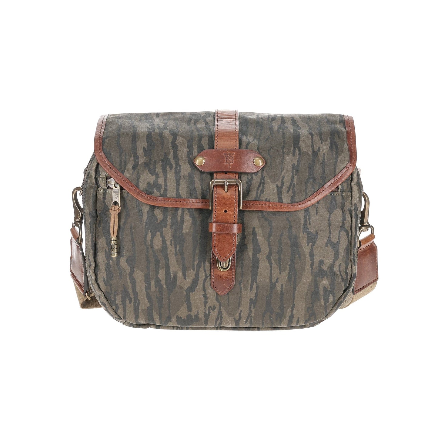 Tom Beckbes Canvas Blind Bag in Mossy Oak Original Bottomland: camo messenger with leather strap & side zipper pocket.