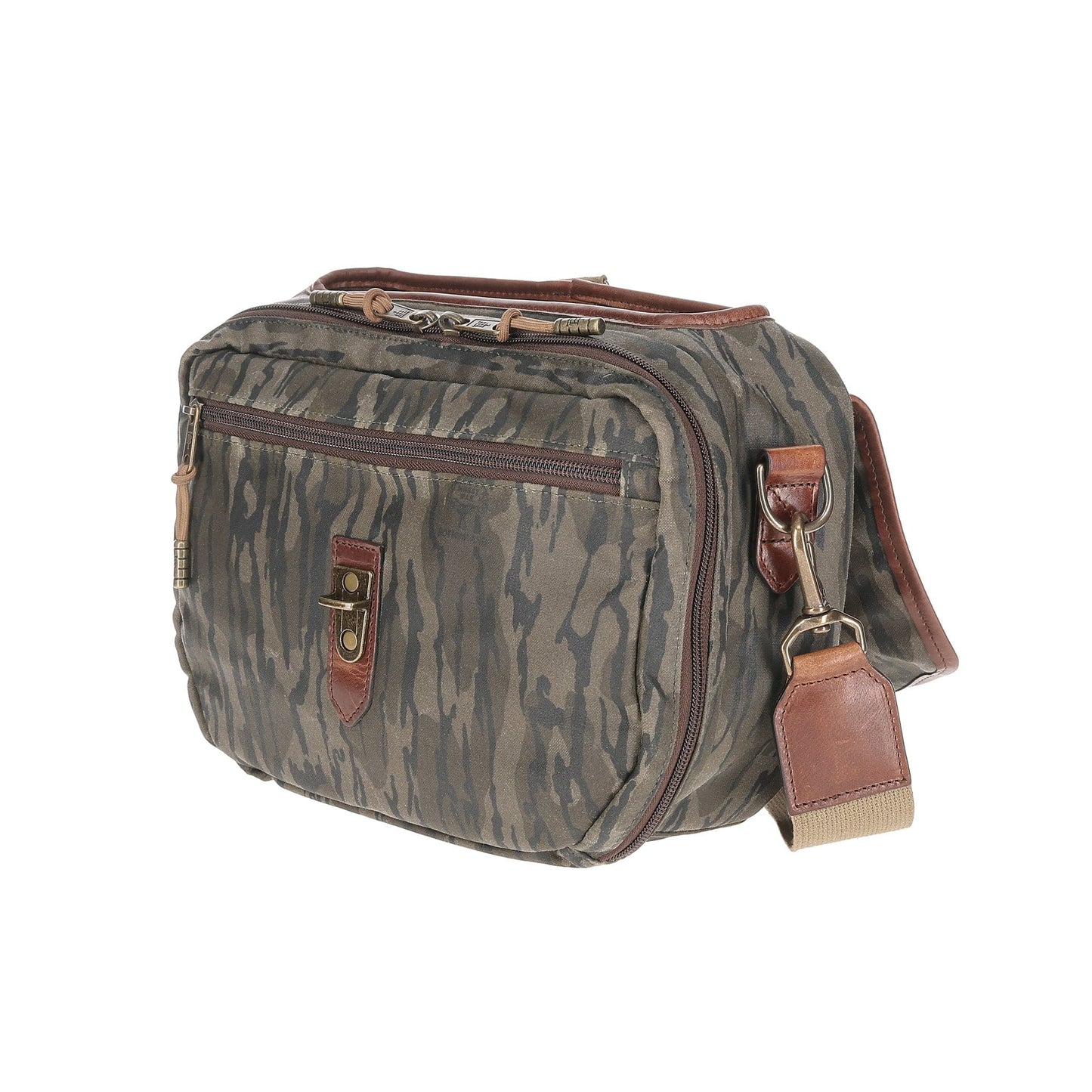 Tom Beckbe Canvas Blind Bag in Mossy Oak Original Bottomland with brown leather accents, front pocket, and luggage tag.