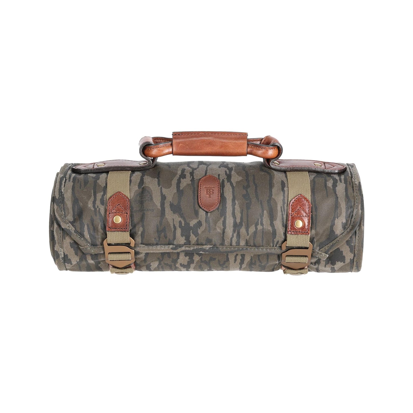 Mossy Oak Original Bottomland Canvas Cleaning Mat by Tom Beckbe, featuring buckles, leather handle/straps & a central logo.