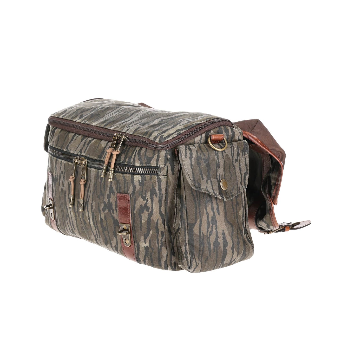 Tom Beckbes Canvas Field Bag features Mossy Oak Original Bottomland camo, multiple zippers, and side clasps.