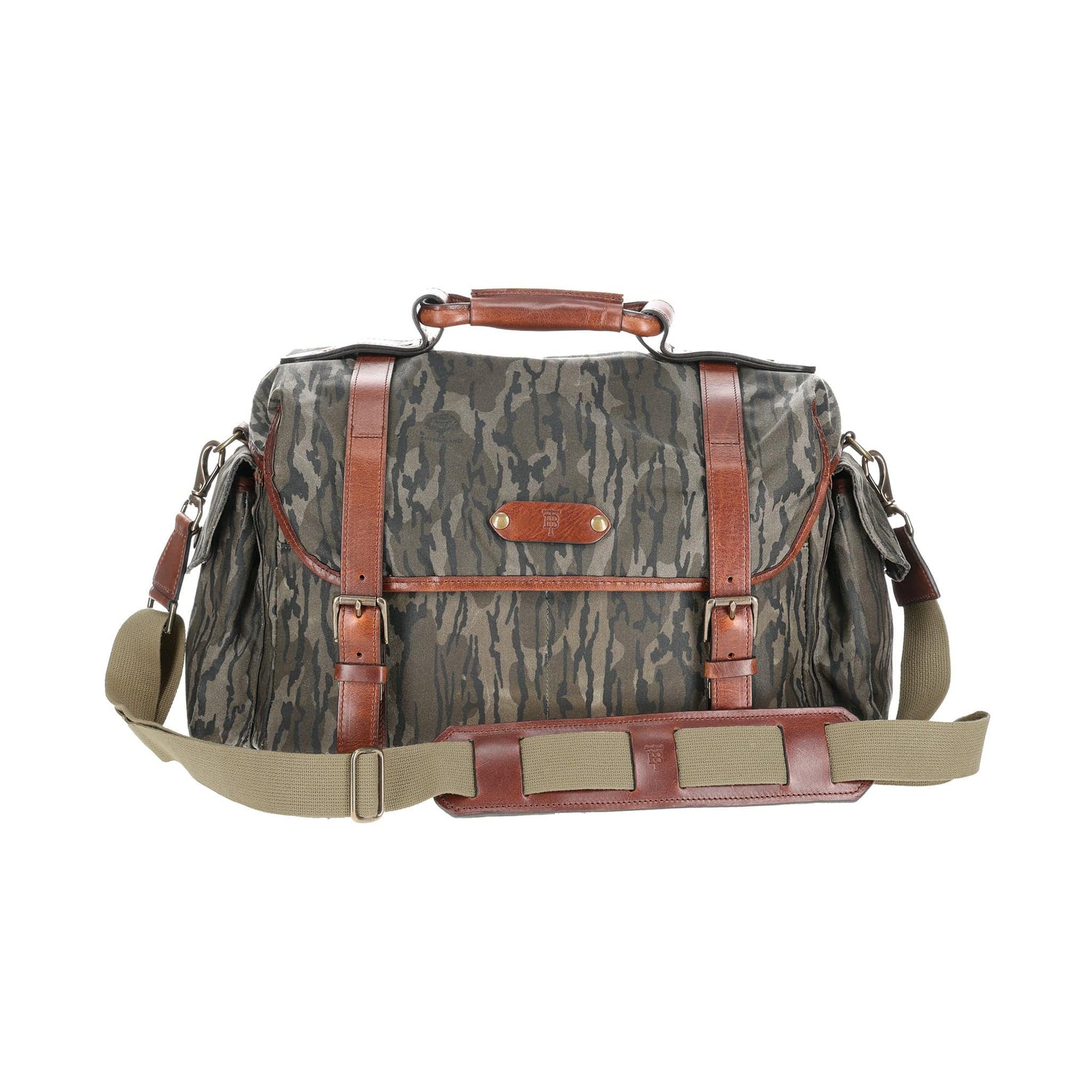 Tom Beckbes Canvas Field Bag in Mossy Oak Original Bottomland with leather straps, brass hardware, and khaki strap.
