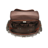Top view of a Tom Beckbe Canvas Field Bag in Mossy Oak with inside pockets and clips on a white background.