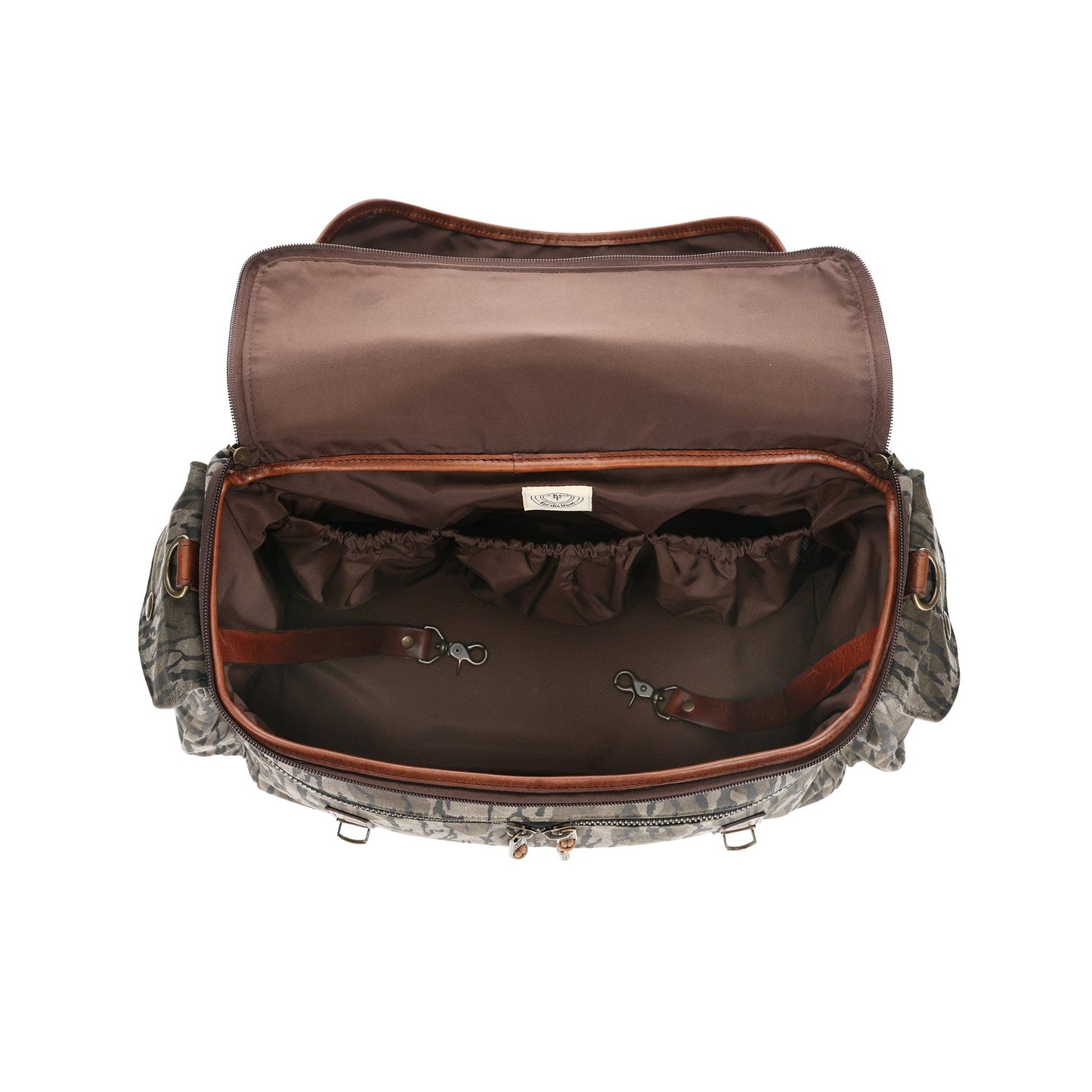 Top view of a Tom Beckbe Canvas Field Bag in Mossy Oak with inside pockets and clips on a white background.