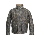 Fowler Jacket in Mossy Oak Bottomland by Tom Beckbe: high collar, buttoned front, two large pockets—perfect for hunting.