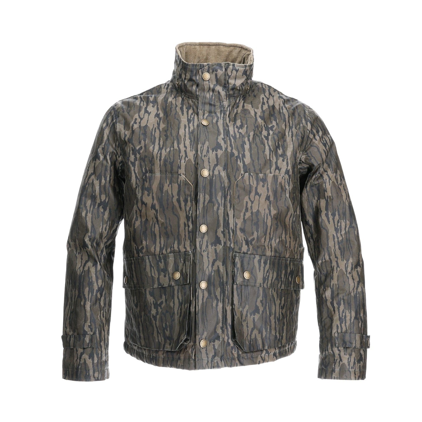 Fowler Jacket in Mossy Oak Bottomland by Tom Beckbe: high collar, buttoned front, two large pockets—perfect for hunting.