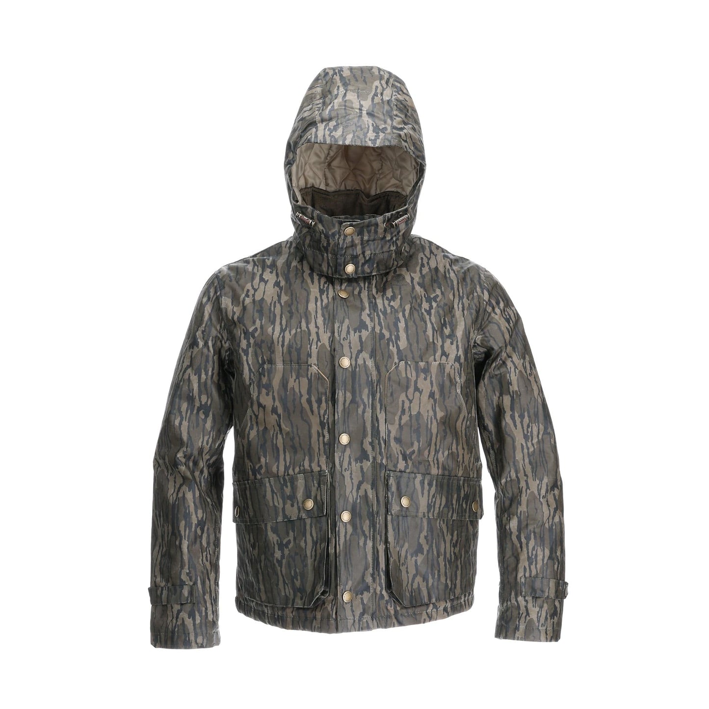 The Tom Beckbe Fowler Jacket in Mossy Oak Original Bottomland features a buttoned front, large pockets, and a high-neck collar.