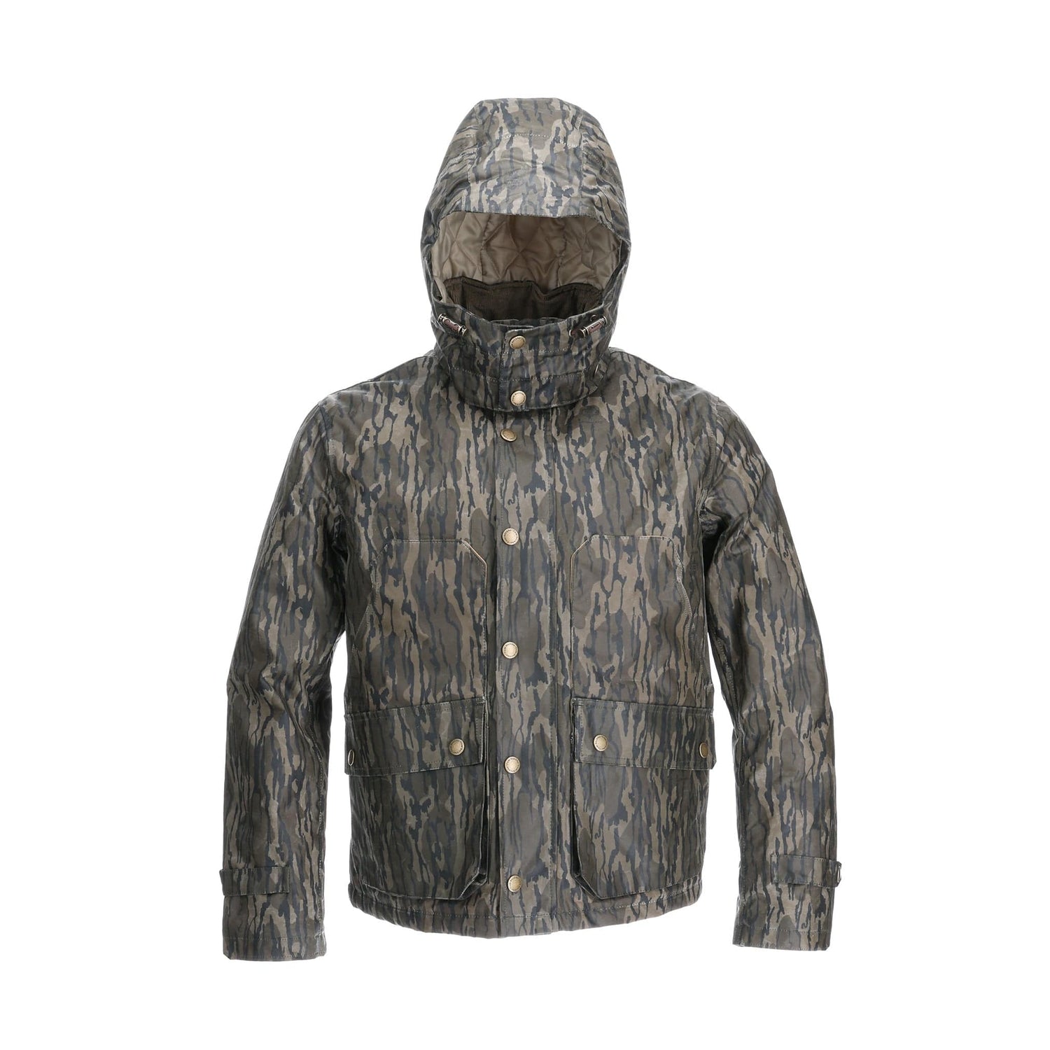 The Tom Beckbe Fowler Jacket in Mossy Oak Original Bottomland features a buttoned front, large pockets, and a high-neck collar.