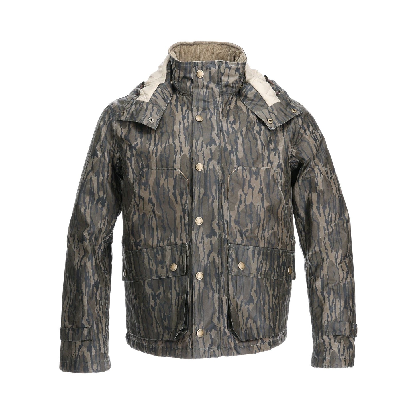 The Fowler Jacket by Tom Beckbe in Mossy Oak Original Bottomland has a high collar, button closures, pockets, and adjustable cuffs.