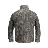 Back view of Tom Beckbes Fowler Jacket in Mossy Oak Original Bottomland, featuring a leafy pattern and buttoned cuffs.