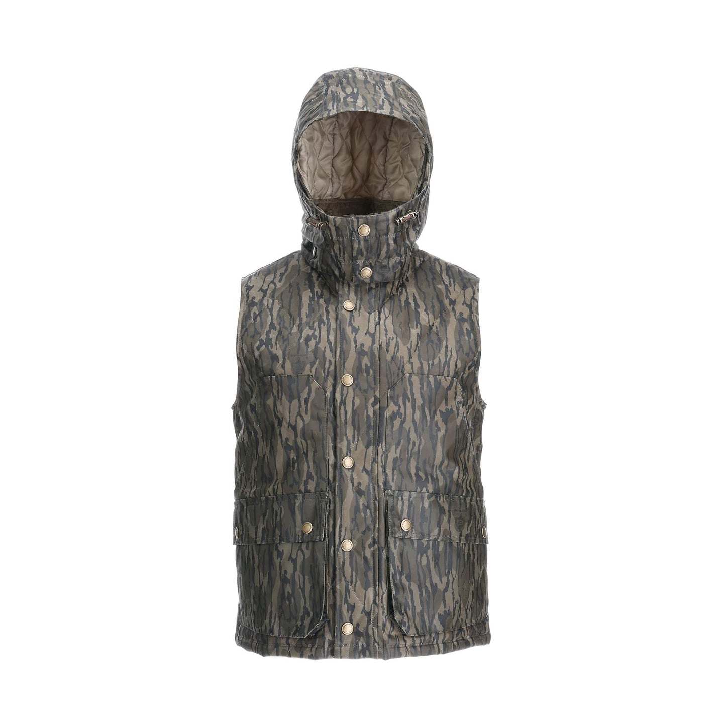 Tom Beckbes Fowler Vest in Mossy Oak Bottomland, with front pockets and button closures, shown on a white backdrop.