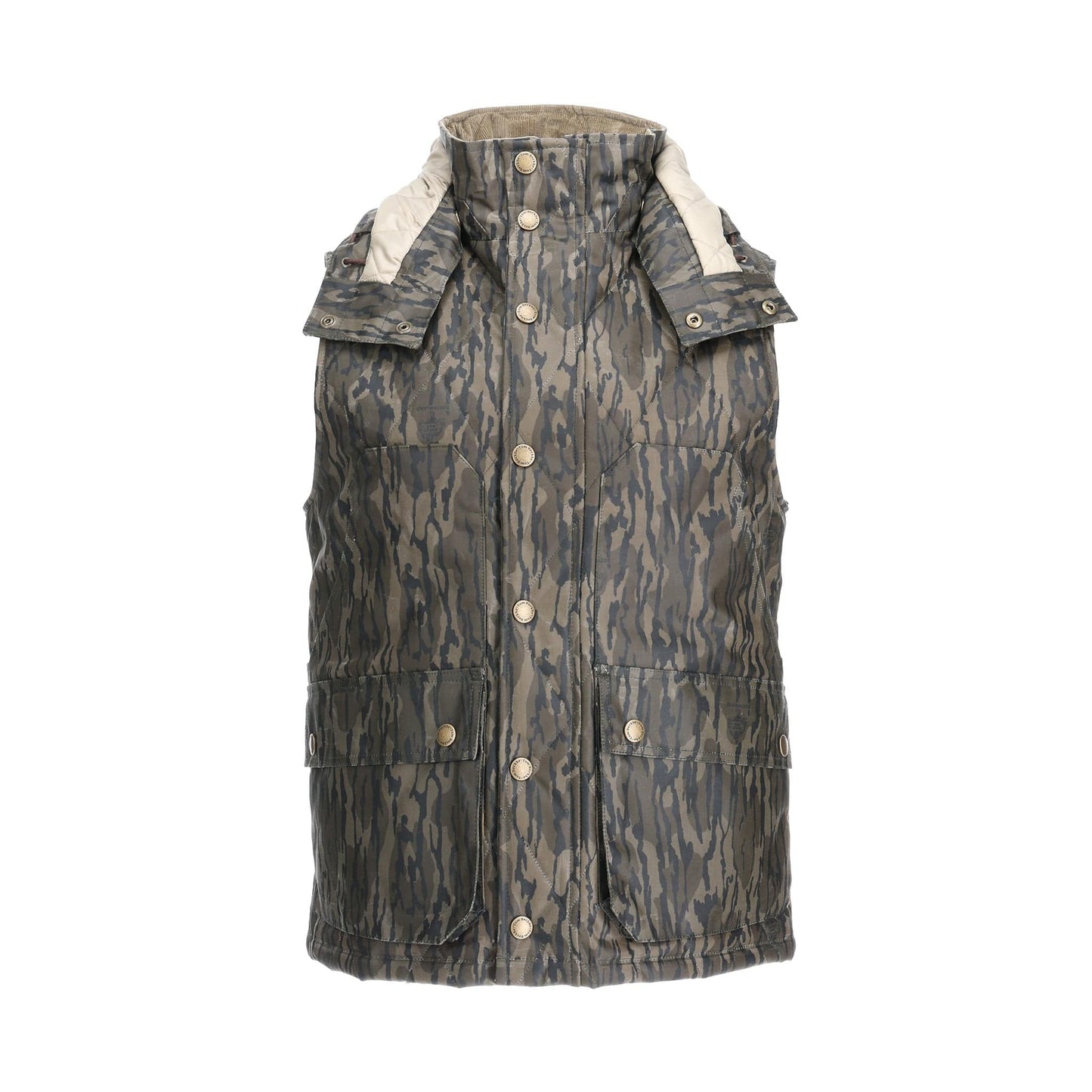 Tom Beckbes Fowler Vest in Mossy Oak Original Bottomland has a button closure and detachable hood on a plain white backdrop.