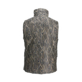 Back view of the Tom Beckbe Fowler Vest in Mossy Oak Original Bottomland with a high collar and side pockets.