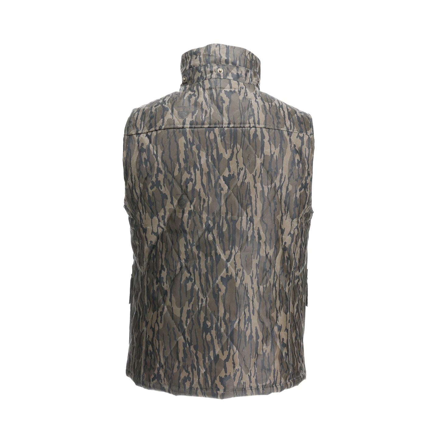 Back view of the Tom Beckbe Fowler Vest in Mossy Oak Original Bottomland with a high collar and side pockets.