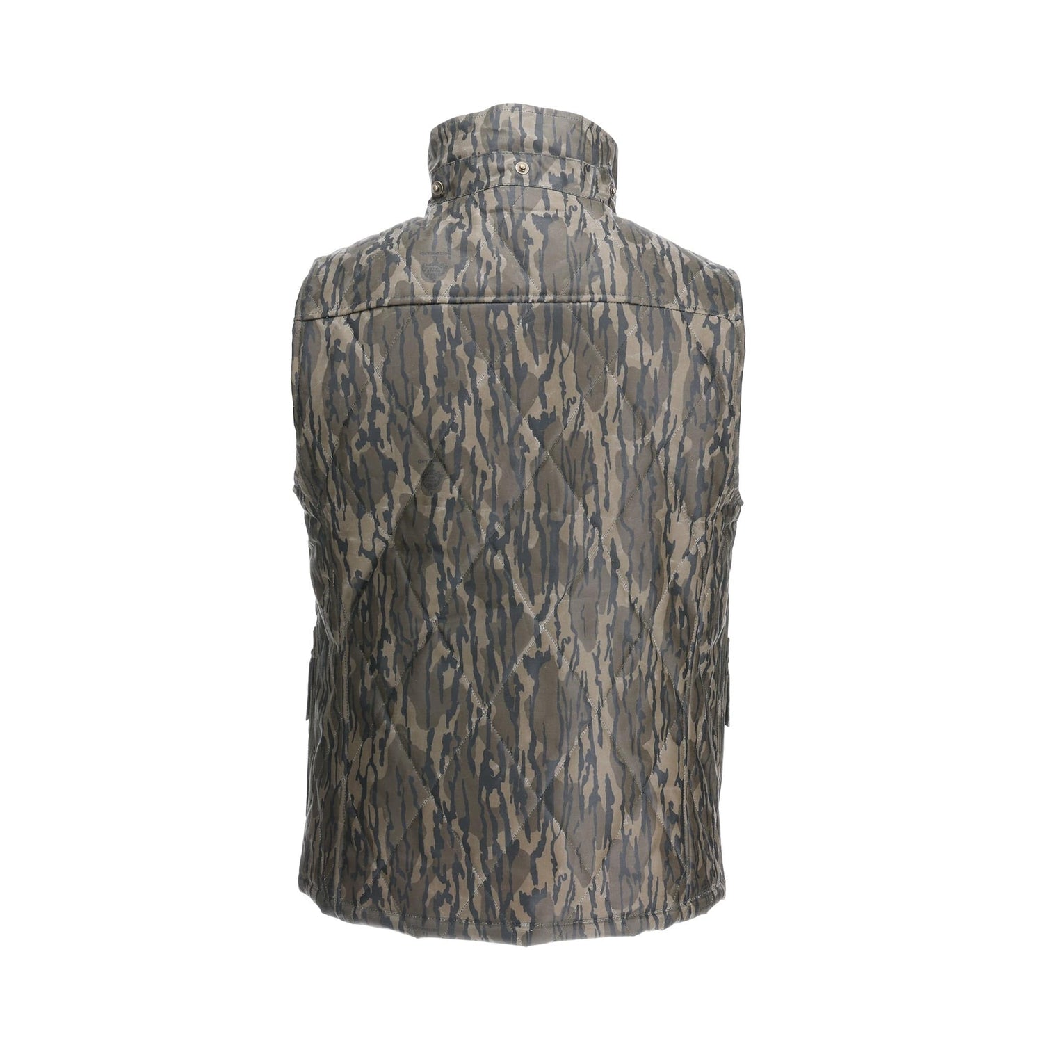 Back view of the Tom Beckbe Fowler Vest in Mossy Oak Original Bottomland with a high collar and side pockets.