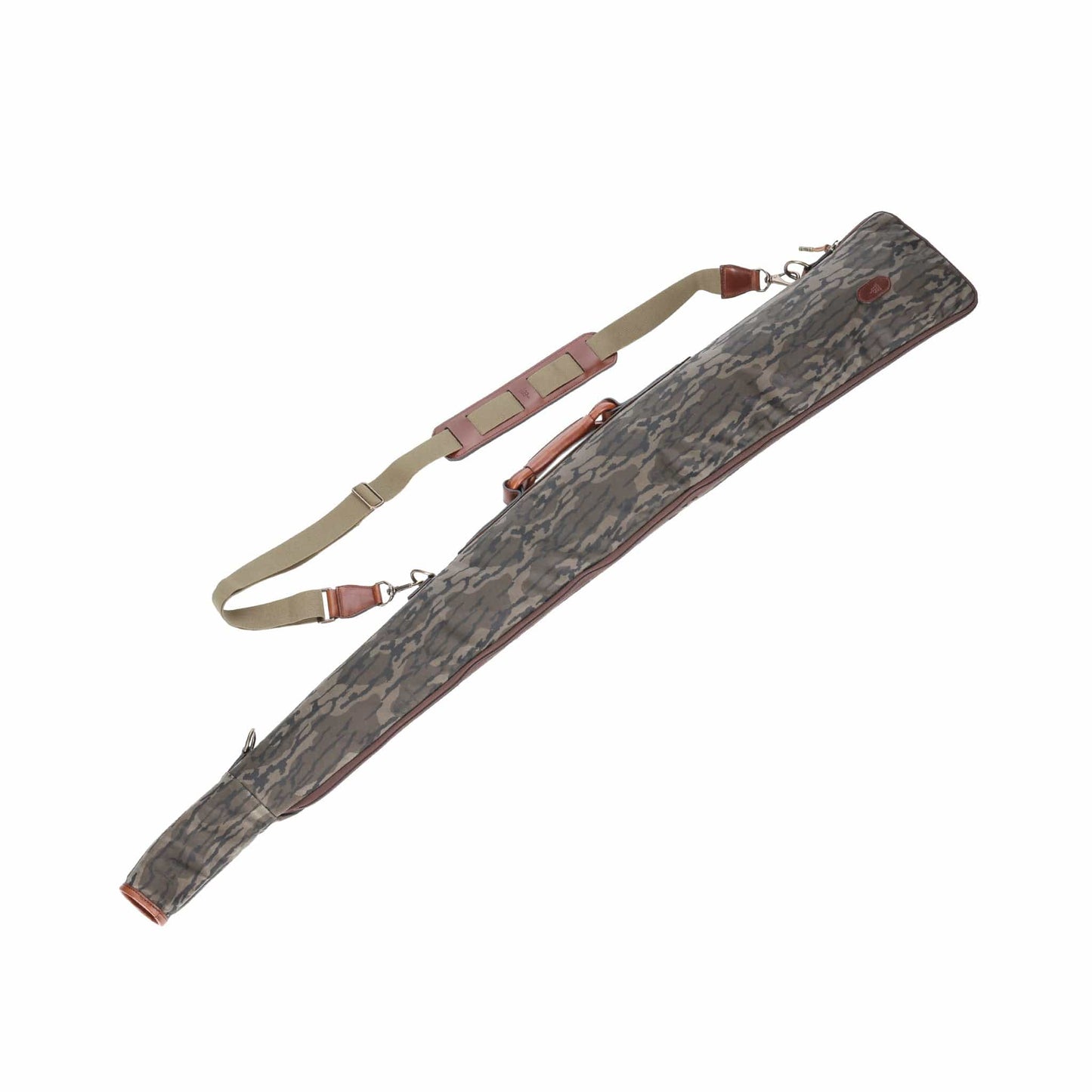 Tom Beckbe Canvas Gun Sleeve in Mossy Oak Original Bottomland, with strap, zipper closure, and handle; isolated on white.