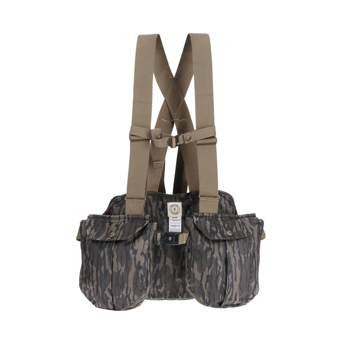 Tom Beckbe Strap Vest in Mossy Oak Original Bottomland, featuring beige straps and pockets, shown on a white background.
