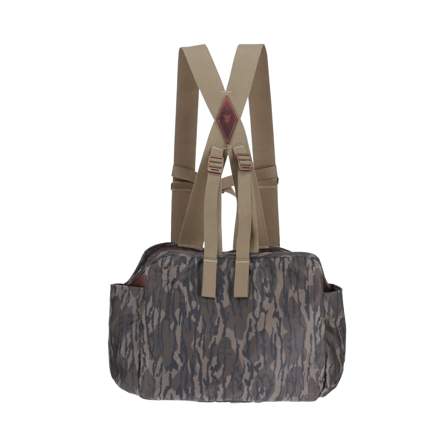 Tom Beckbes Strap Vest in Mossy Oak Original Bottomland features adjustable beige shoulder straps on a white background.