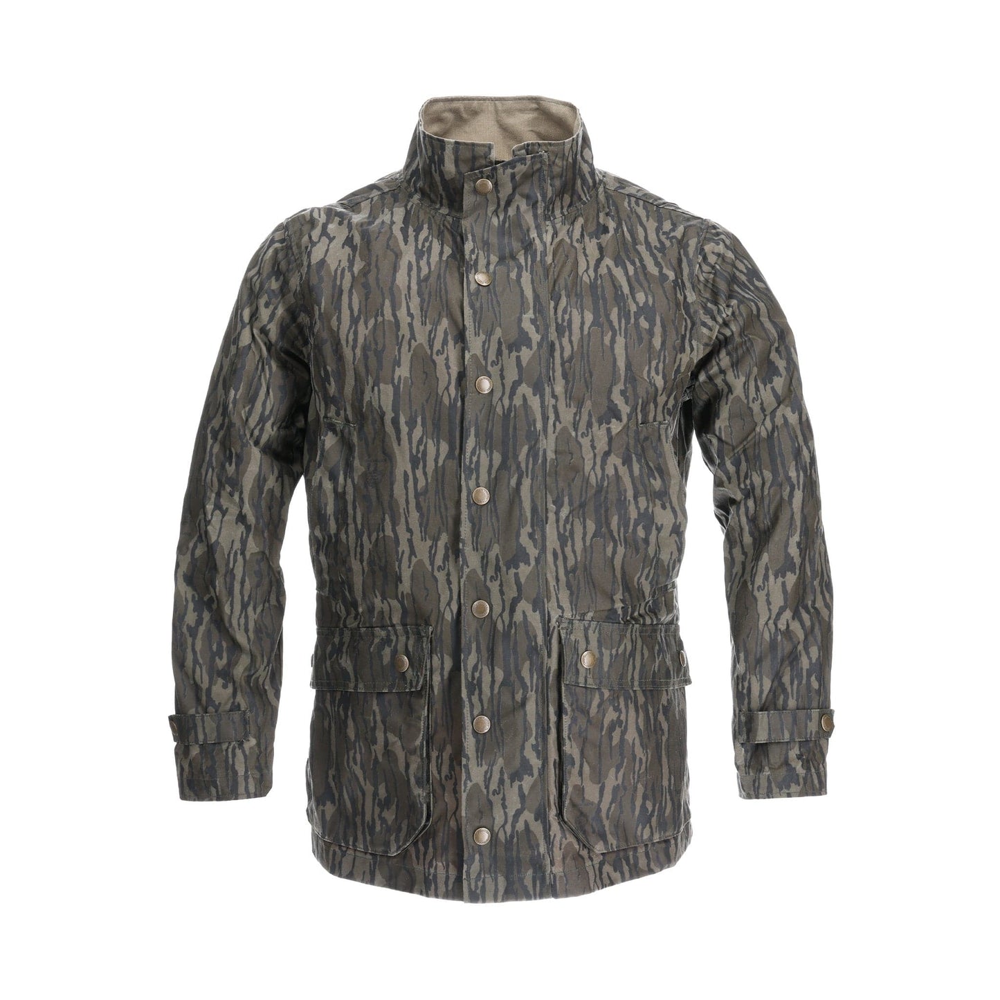 Tom Beckbes Tensaw Jacket in Mossy Oak Original Bottomland features a high collar, button-up front, and two pockets.