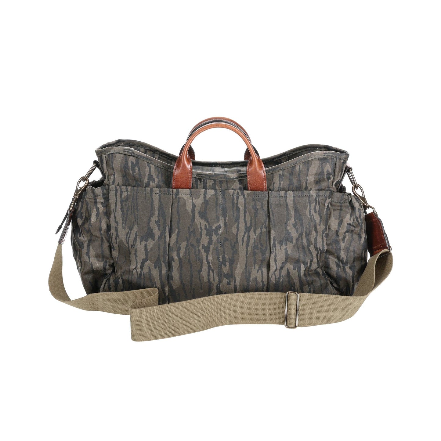 Mossy Oak Bottomland canvas bag by Tom Beckbe with brown leather handles and a beige shoulder strap.