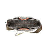 Top view of the Tom Beckbe Canvas Utility Bag in Mossy Oak with leather handles and an interior zippered compartment.