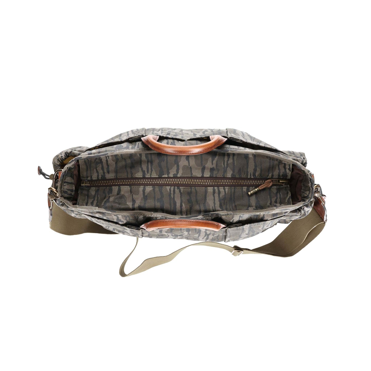 Top view of the Tom Beckbe Canvas Utility Bag in Mossy Oak with leather handles and an interior zippered compartment.