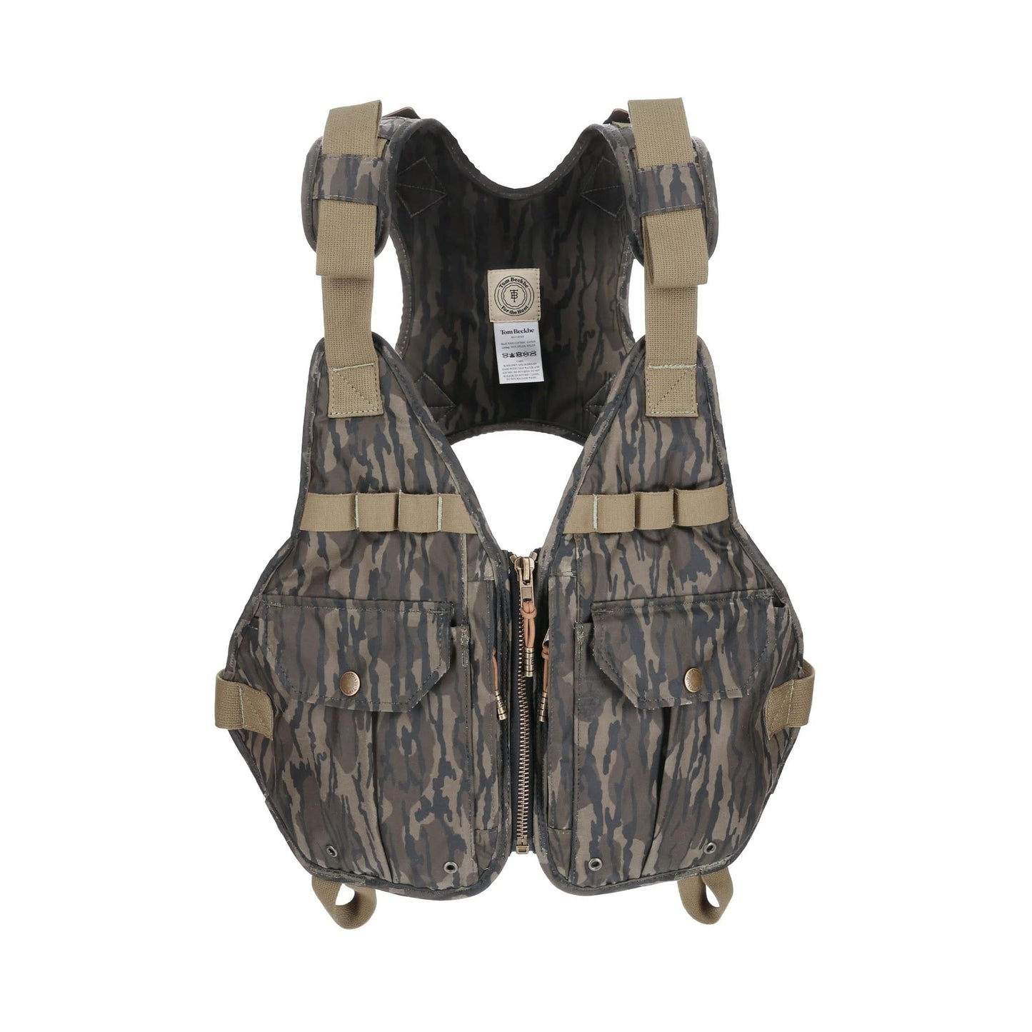 Tom Beckbe Waterfowl Strap Vest in Mossy Oak Original Bottomland, featuring tan straps and multiple pockets, on a white background.