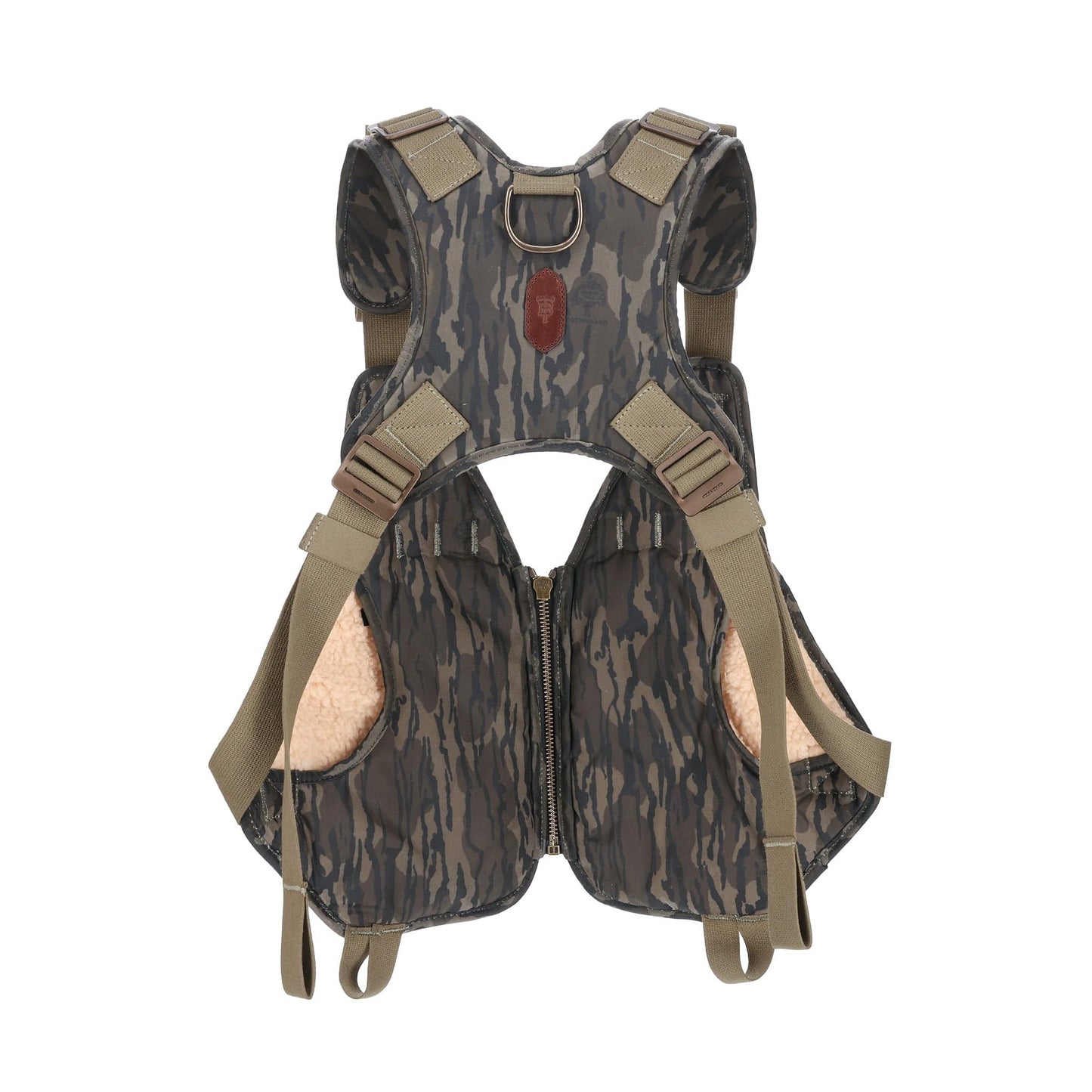 A Tom Beckbe Waterfowl Strap Vest in Mossy Oak Original Bottomland with adjustable straps and metal rings for secure comfort.