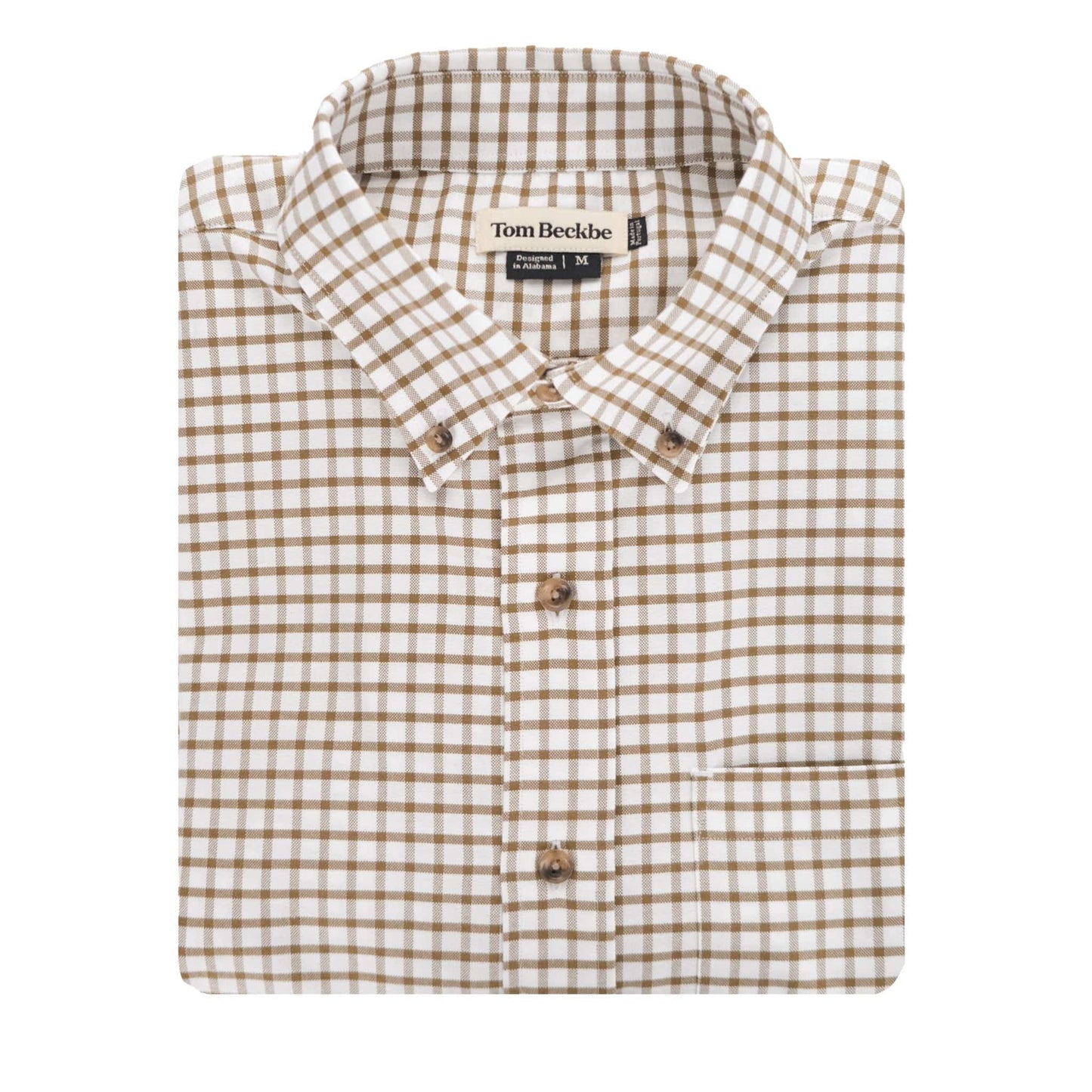Unfolded Culver Oxford Shirt by Tom Beckbe: classic fit, brown/white checks, breathable 100% cotton, top front pocket.
