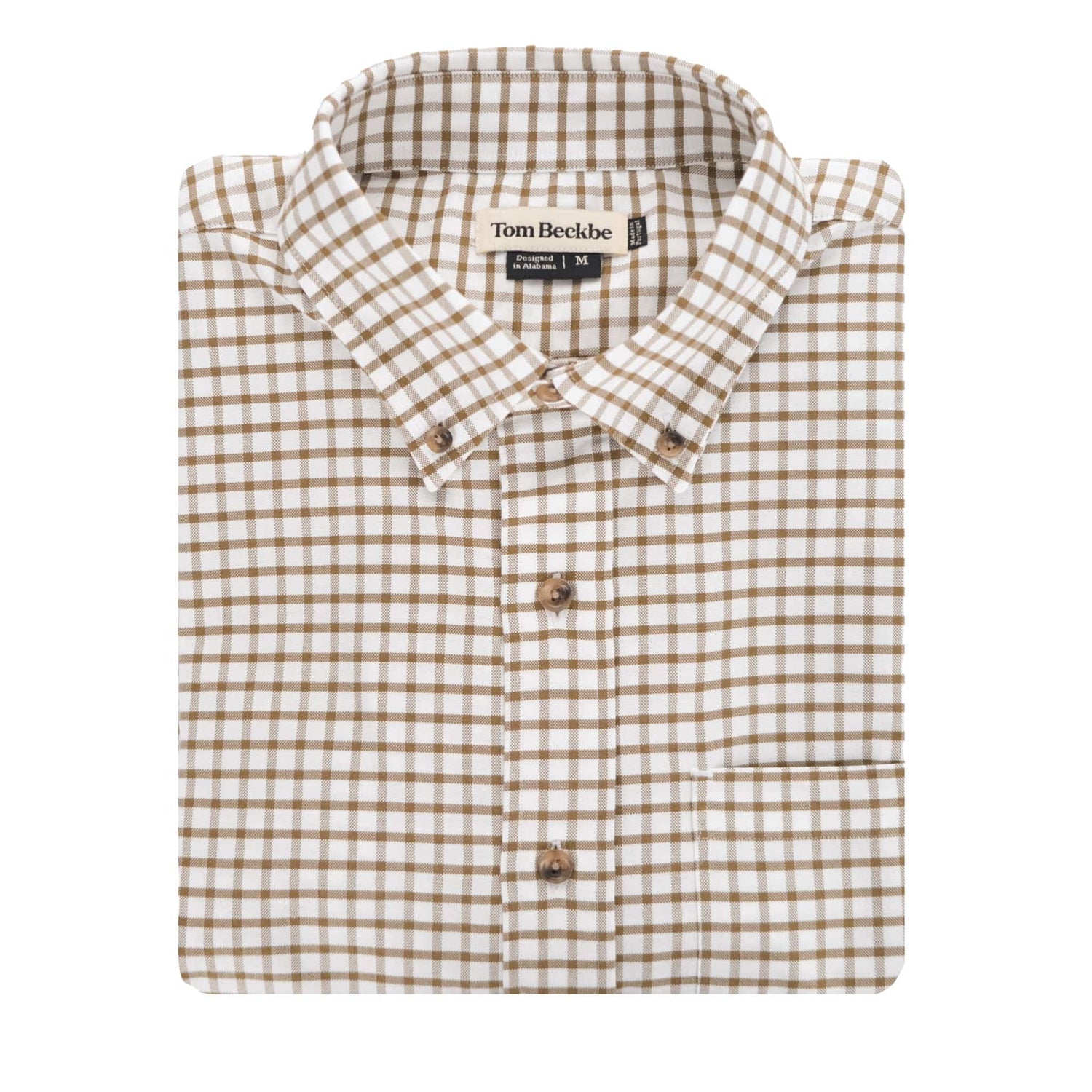 Unfolded Culver Oxford Shirt by Tom Beckbe: classic fit, brown/white checks, breathable 100% cotton, top front pocket.