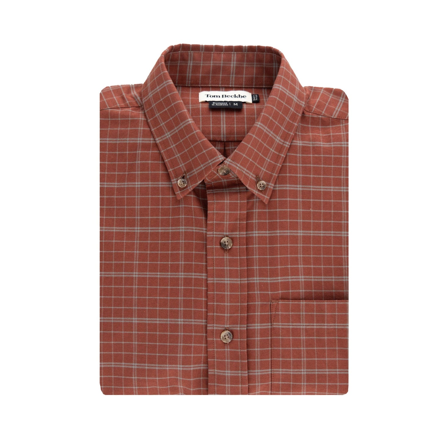 Folded Tom Beckbes Culver Oxford Shirt, a classic fit brown checkered button-up with collar and chest pocket, 100% cotton.