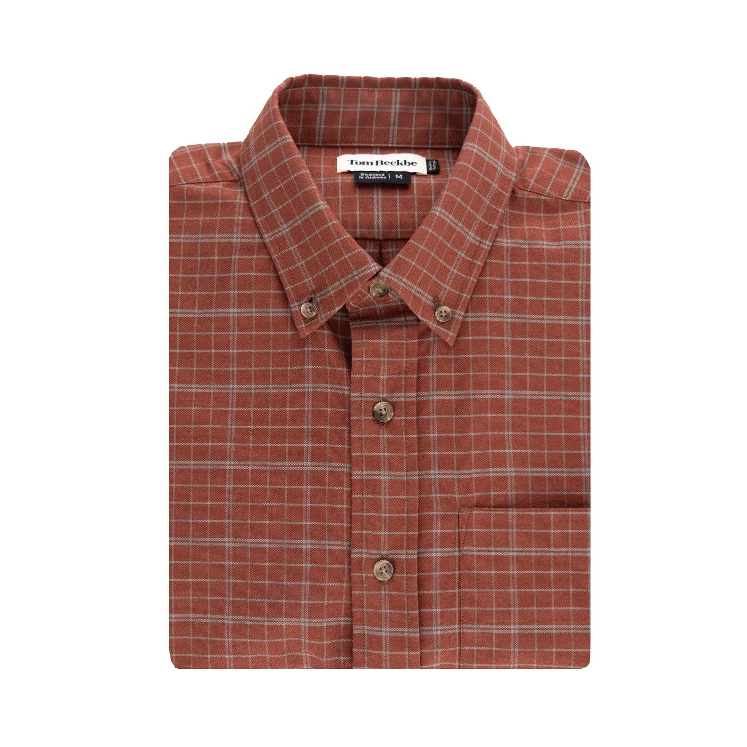 Folded Tom Beckbes Culver Oxford Shirt, a classic fit brown checkered button-up with collar and chest pocket, 100% cotton.