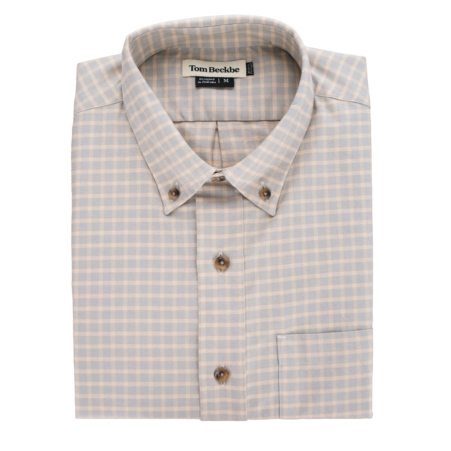Culver Oxford Shirt by Tom Beckbe: Folded beige/blue checkered button-down, classic fit, pockets, 100% breathable cotton.