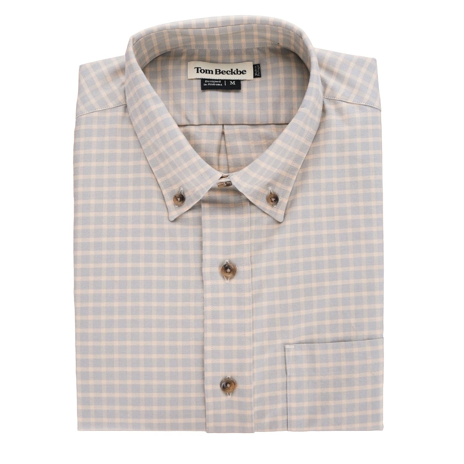 Culver Oxford Shirt by Tom Beckbe: Folded beige/blue checkered button-down, classic fit, pockets, 100% breathable cotton.