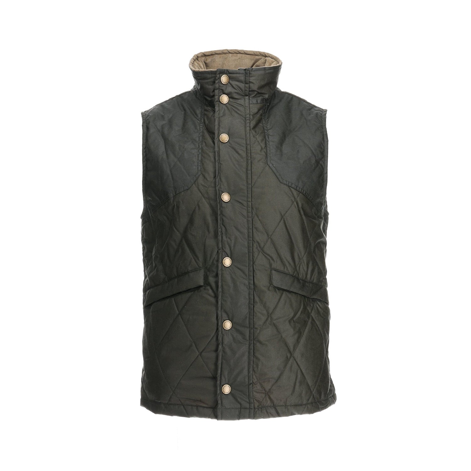 Tom Beckbes Paddock Quilted Vest in dark green has HD Wool, a high collar, and front snap buttons.