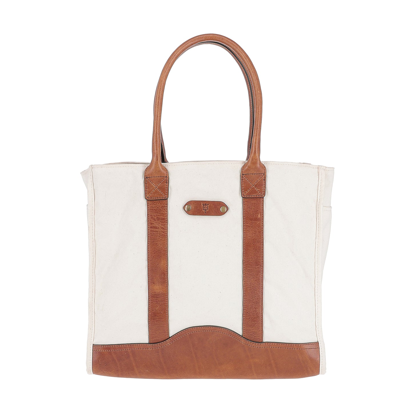 The Tom Beckbe Perdido Canvas Carryall Bag features brown leather handles, vertical trims, and a leather base.
