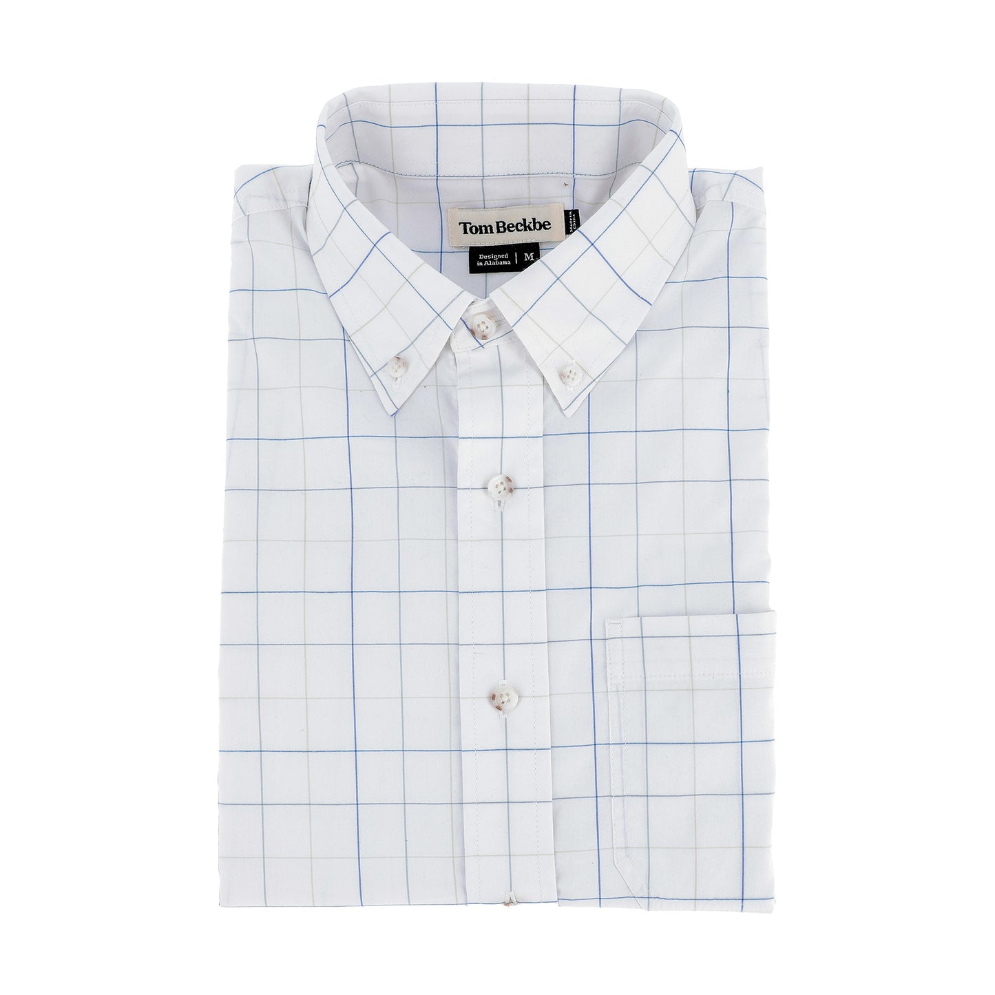 The Tom Beckbe Powell Performance Shirt, lightweight with blue grid, UPF 30+, and front pocket, on a white background.