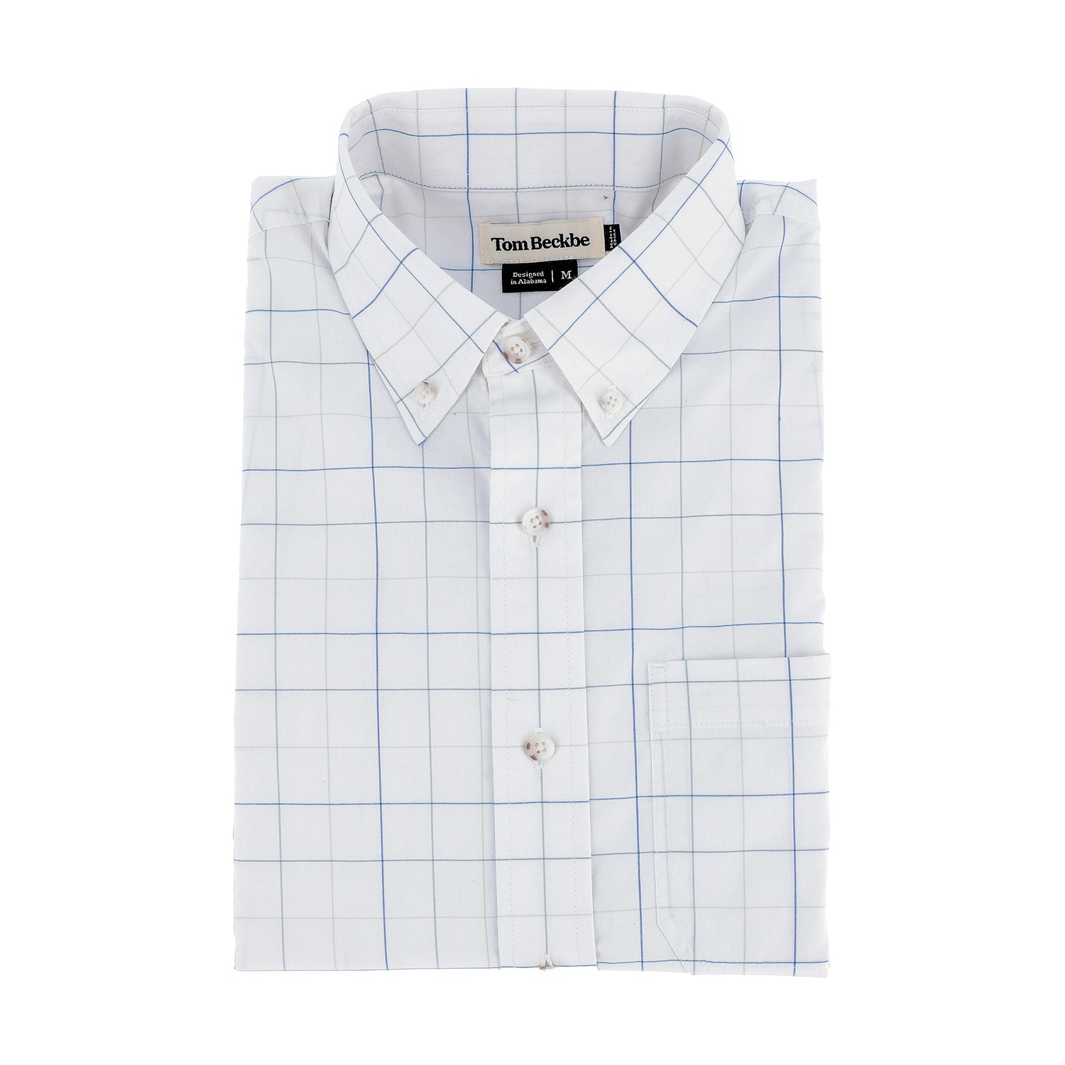 The Tom Beckbe Powell Performance Shirt, lightweight with blue grid, UPF 30+, and front pocket, on a white background.