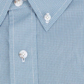 Close-up of the Tom Beckbe Powell Performance Shirt in blue and white checks, featuring a lightweight collar and white buttons.